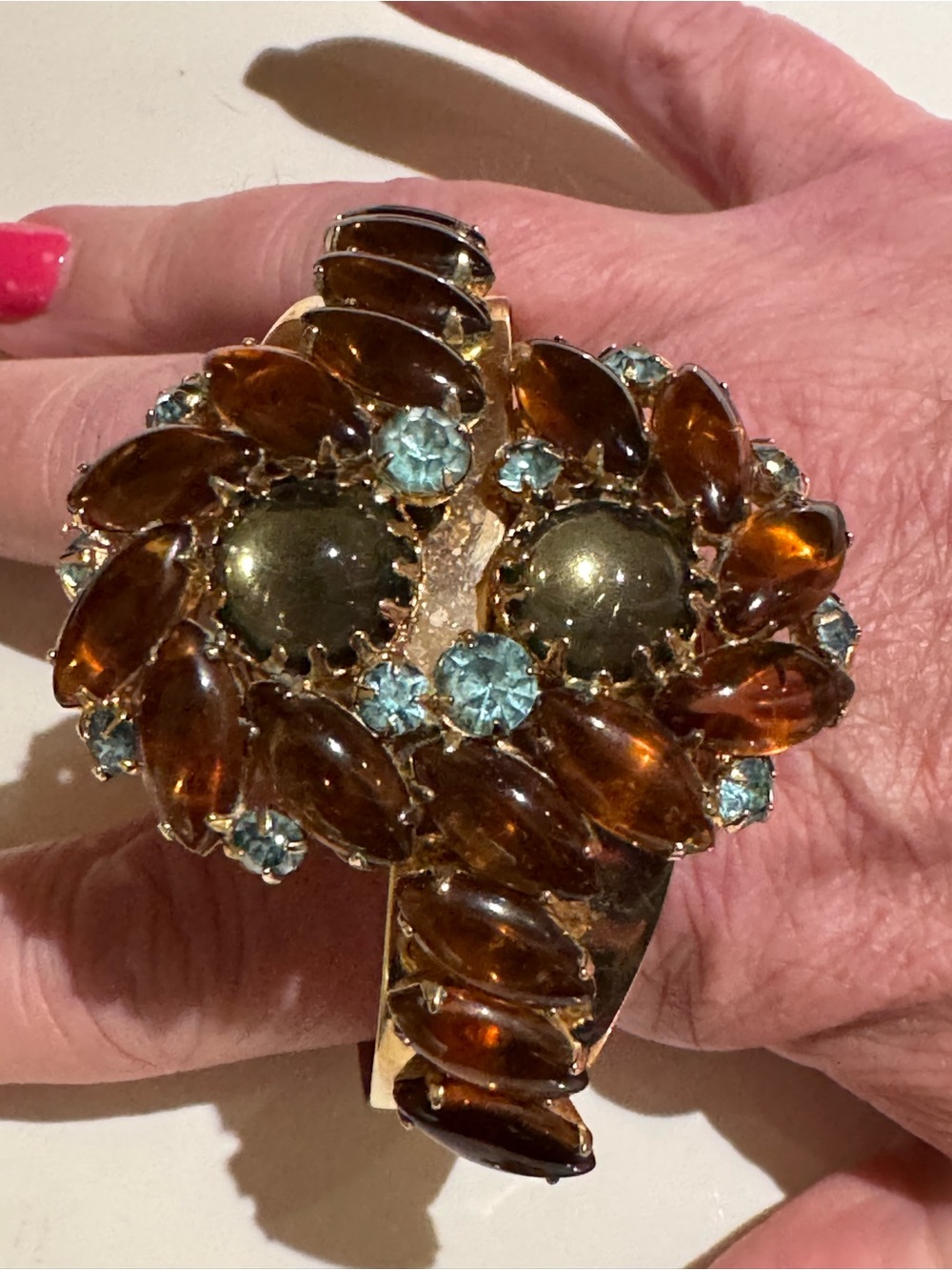 Rare Vtg Unsigned Alice Caviness Rootbeer Marquis & Aqua Clamp Bracelet